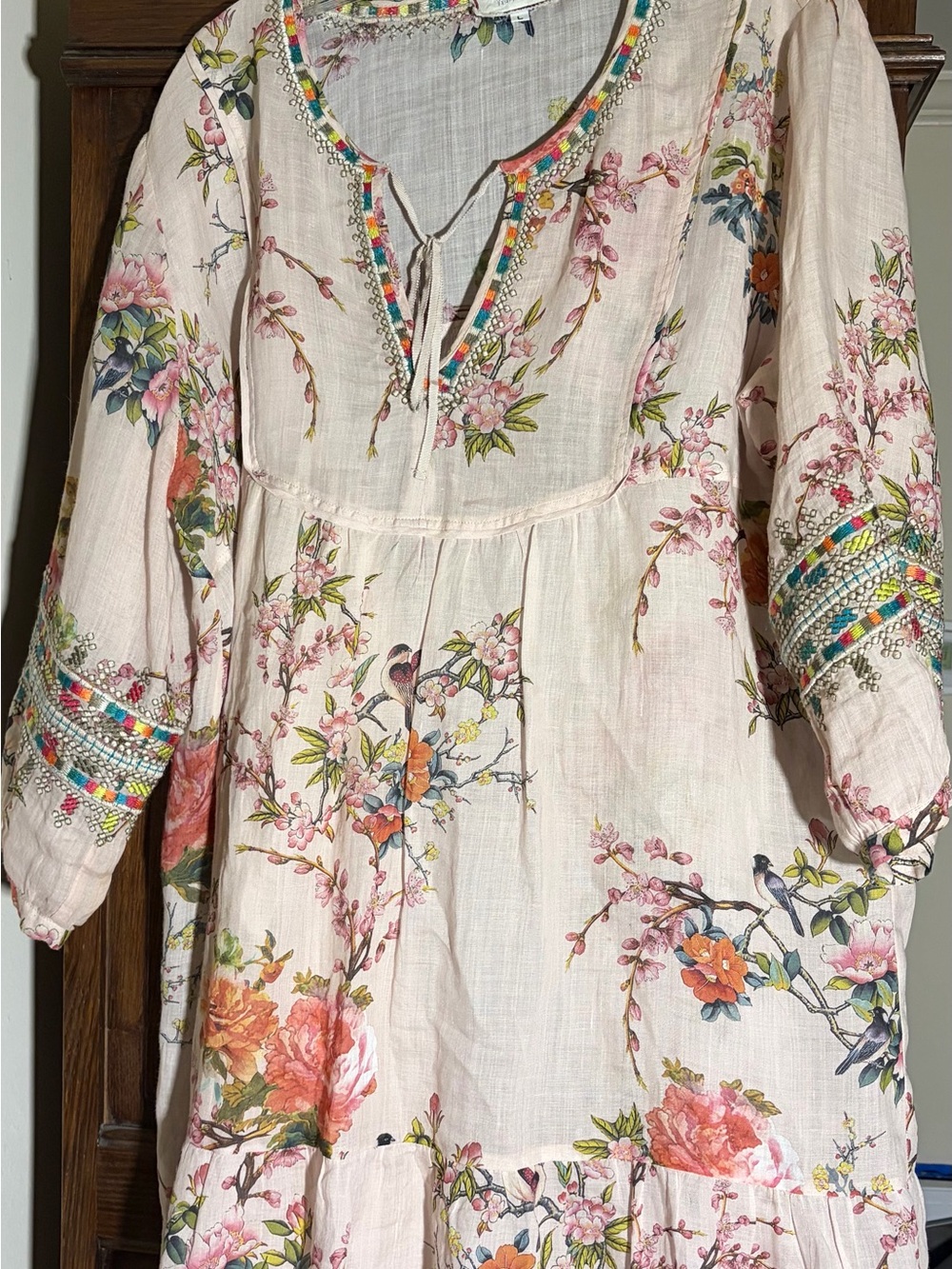 Johnny Was Pink Floral Embroidered Peasant Top